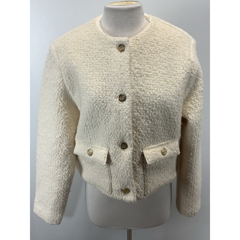 Abercrombie & Fitch Boucle Crop Jacket Women's L Ivory Gold Buttons Old Money